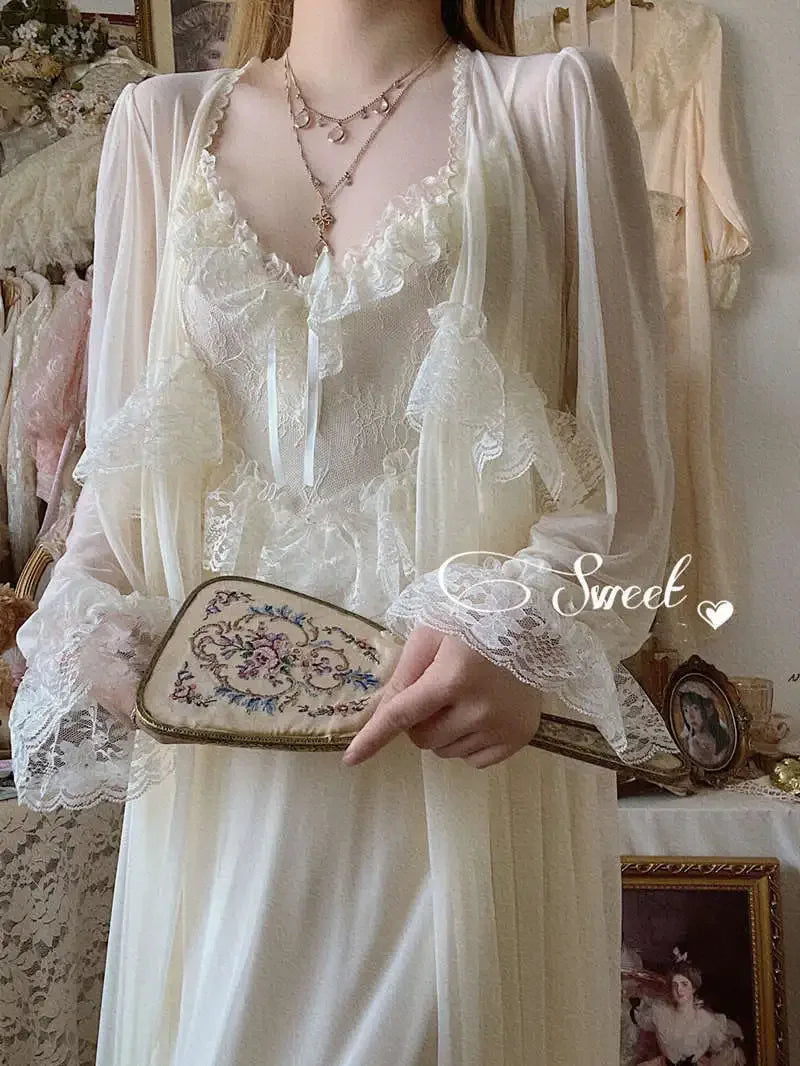 Vintage Princess Style Tulle Mesh Women's Nightgown With Ruffles