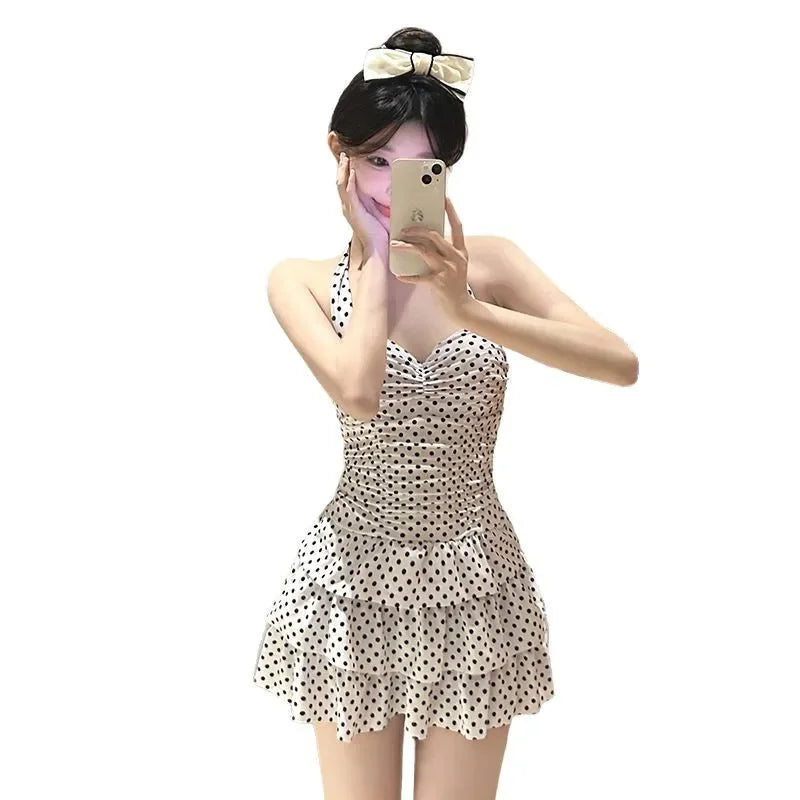 Retro Polka Dot One Piece Swimsuit Backless Thermal Spring Sweet Skirt Belly Covering Slimming New Model Swimwear for Women