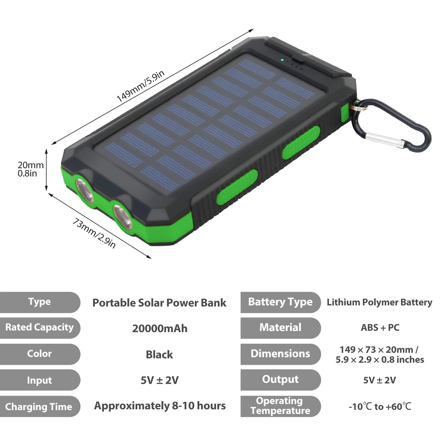20000mAh Solar Charger Waterproof Portable Power Bank With Dual USB Ports LED Light For Outdoor Camping