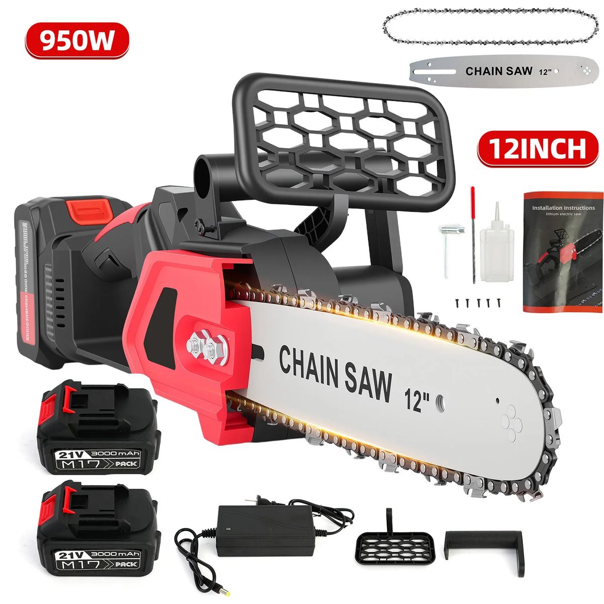 12" Brushless Chainsaw 950W 21V Handheld Chain Saw Two Rechargeable 3.0Ah Battery and Charger for Tree Felling Pruning Tools