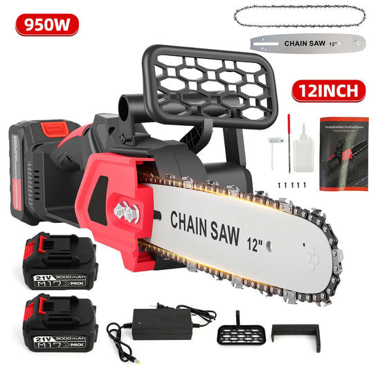 12" Brushless Chainsaw 950W 21V Handheld Chain Saw Two Rechargeable 3.0Ah Battery and Charger for Tree Felling Pruning Tools