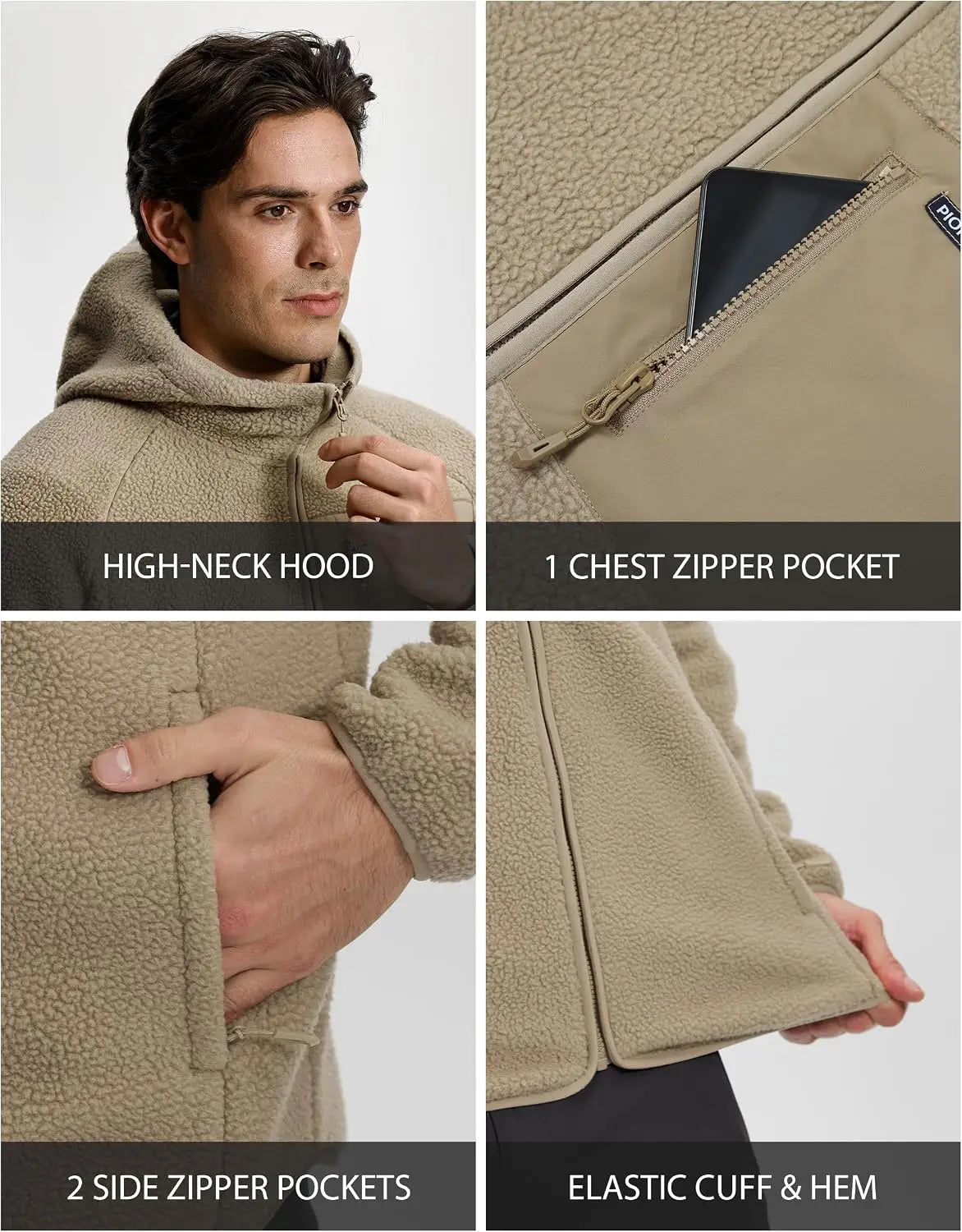 Pioneer Camp Polar Fleece Warm Jacket Men's Winter Hood Chest Pocket Winter Warm Clothing Thick Outwear Coat Hiking Climbing