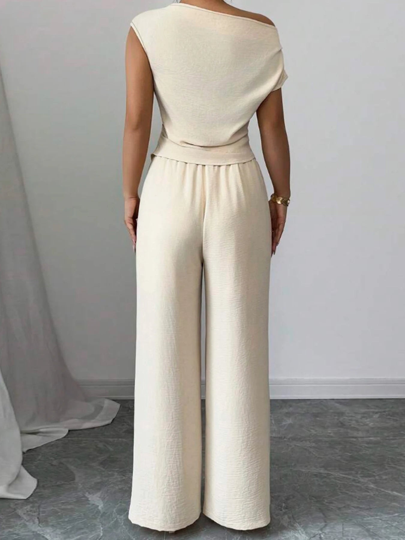 Elegant Pure Color Ladies Asymmetric Top And Wide Leg Pants