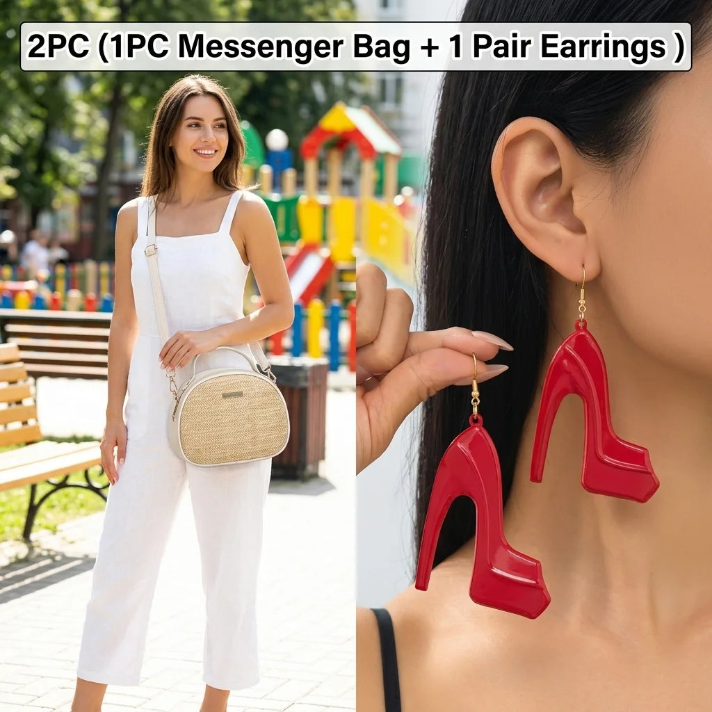 Women's Circular Woven Straw Crossbody Bag and Drop Earrings Set