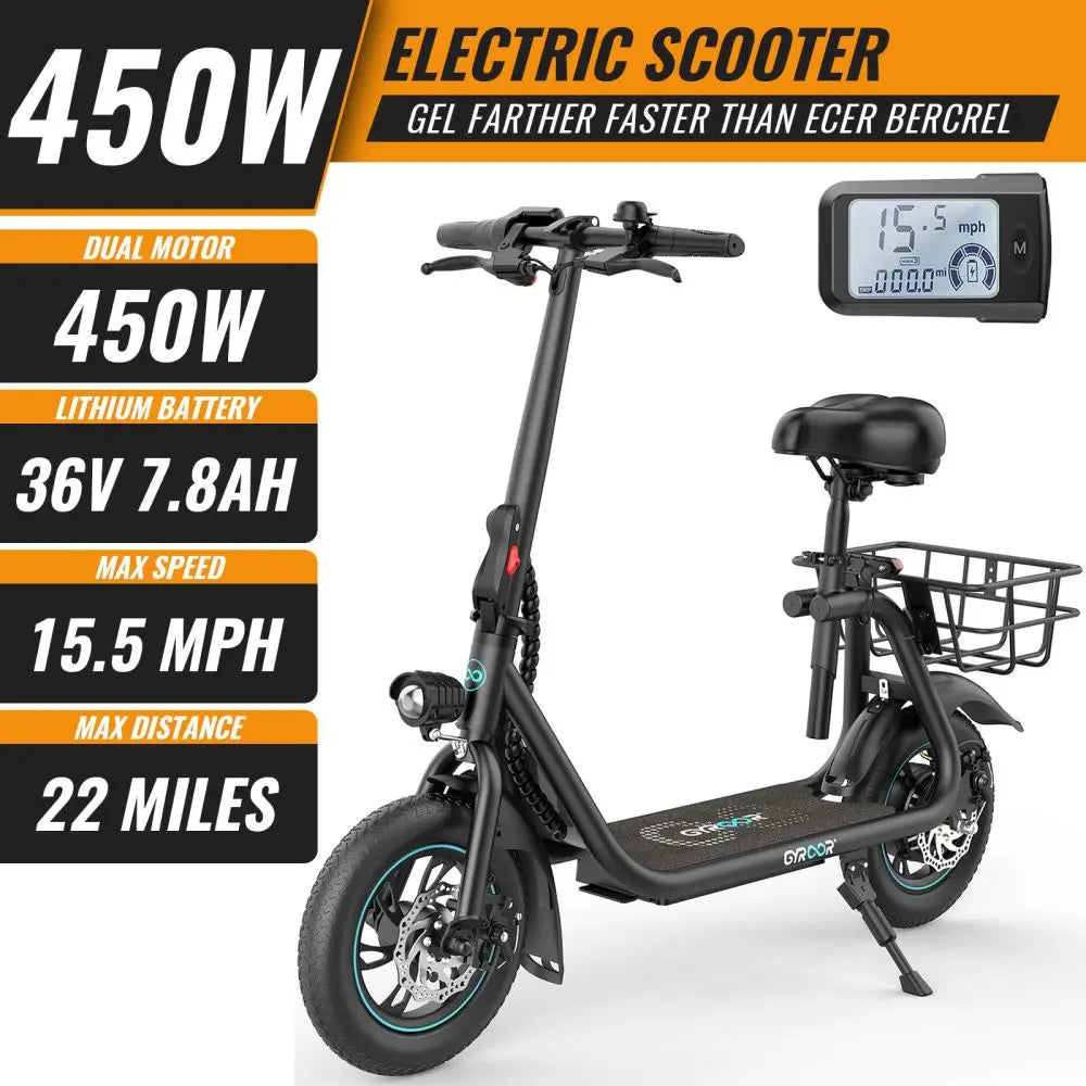 GYROSHOES Adult Electric Scooter with Seat – 450W Motor, 15-Mile Range, 16 MPH, 12" Tires, Rear Basket, UL2272 Certified, Adjustable Seat for Commuting & Errands