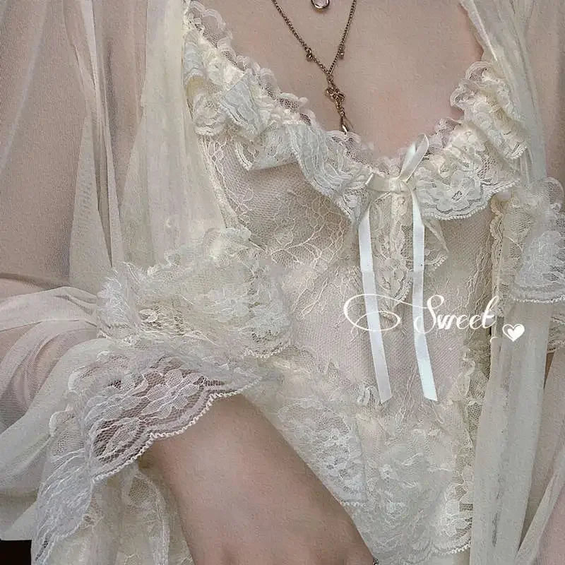 Vintage Princess Style Tulle Mesh Women's Nightgown With Ruffles