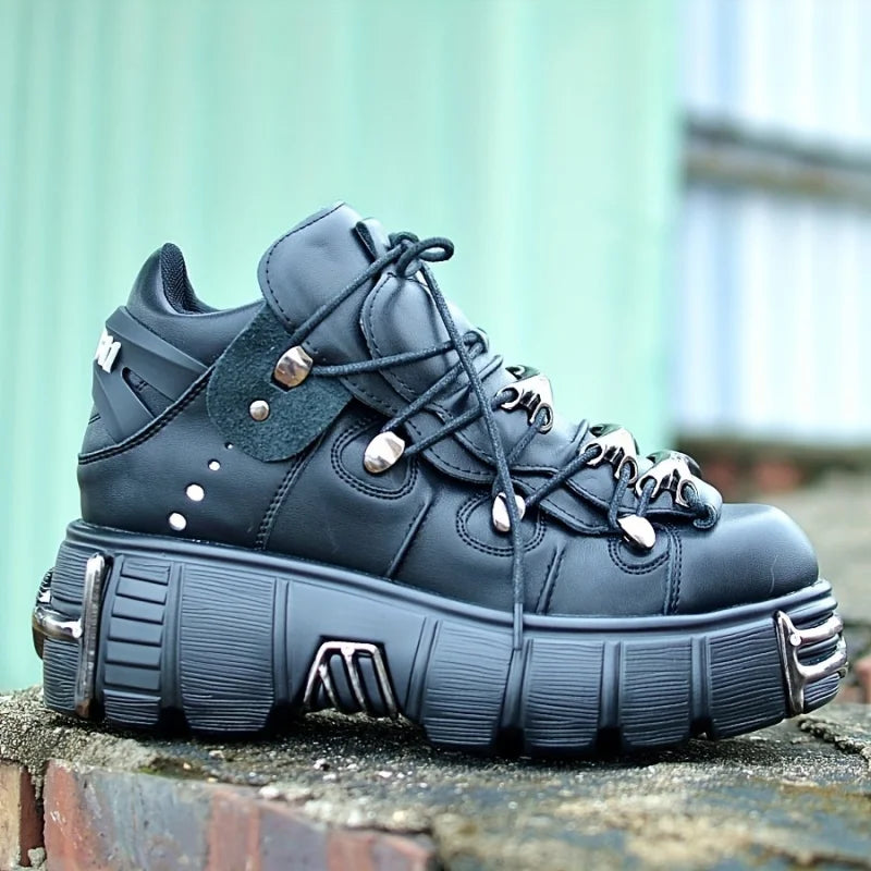 Women Thick Platform Sneakers With Metal Decoration Lace Up Punk
