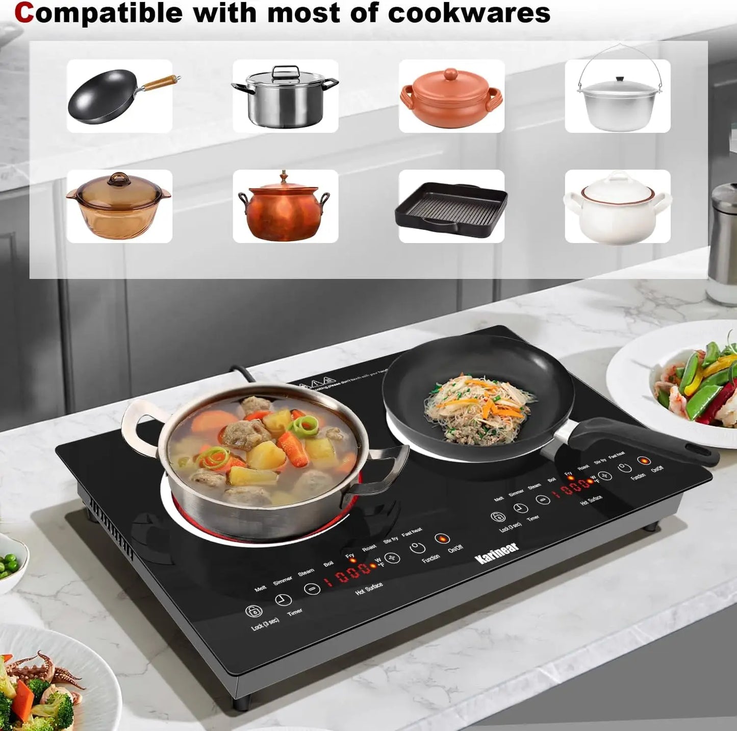 Karinear Two Burner Ceramic Electric Cooktop With Outlet Plug