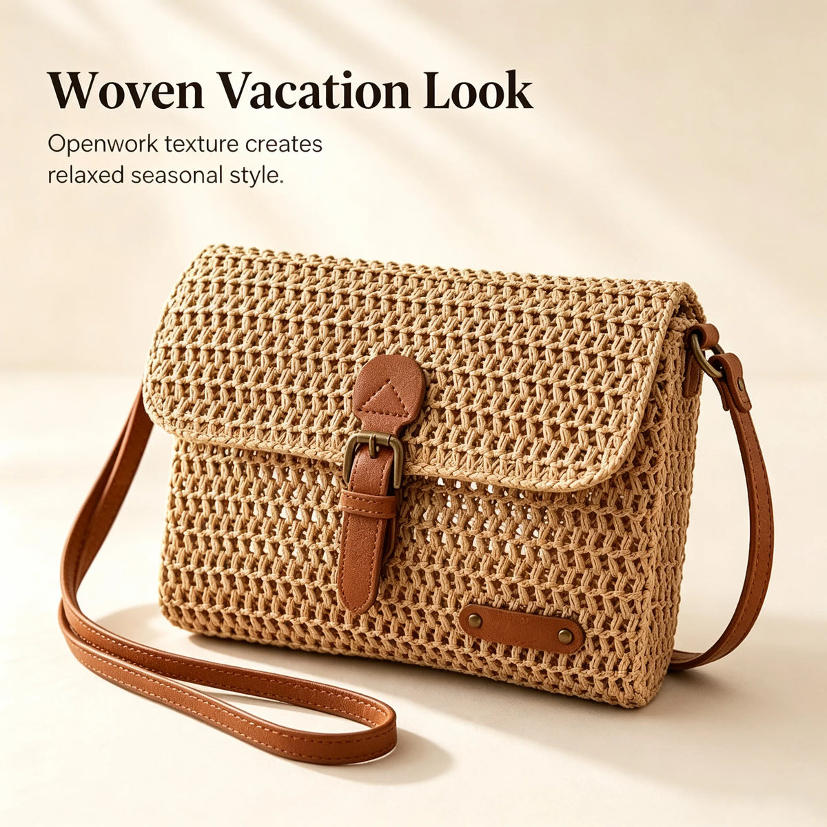 Womens Woven Straw Crossbody Bag With Flap Buckle PU Strap