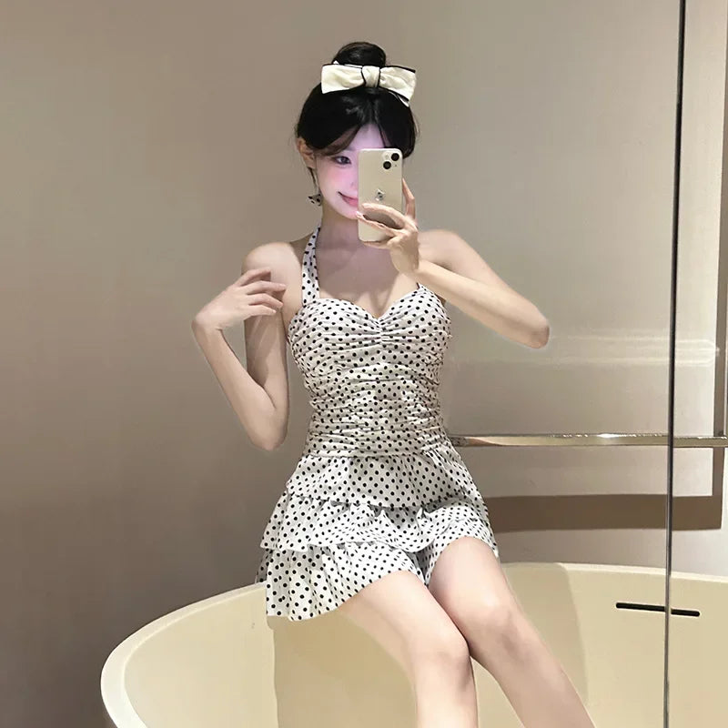 Retro Polka Dot One Piece Swimsuit Backless Thermal Spring Sweet Skirt Belly Covering Slimming New Model Swimwear for Women