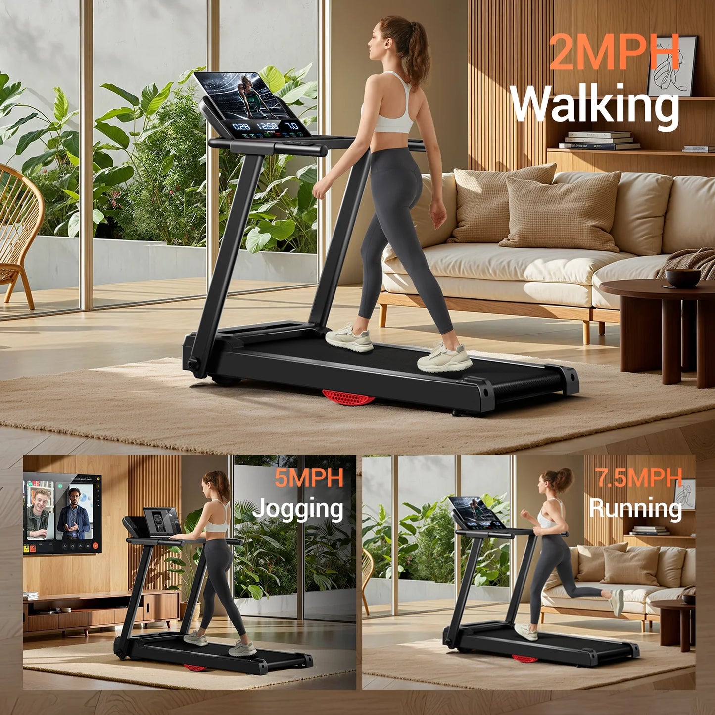 None Driving 3.0HP Brushless Foldable Home Treadmill with HR Monitor