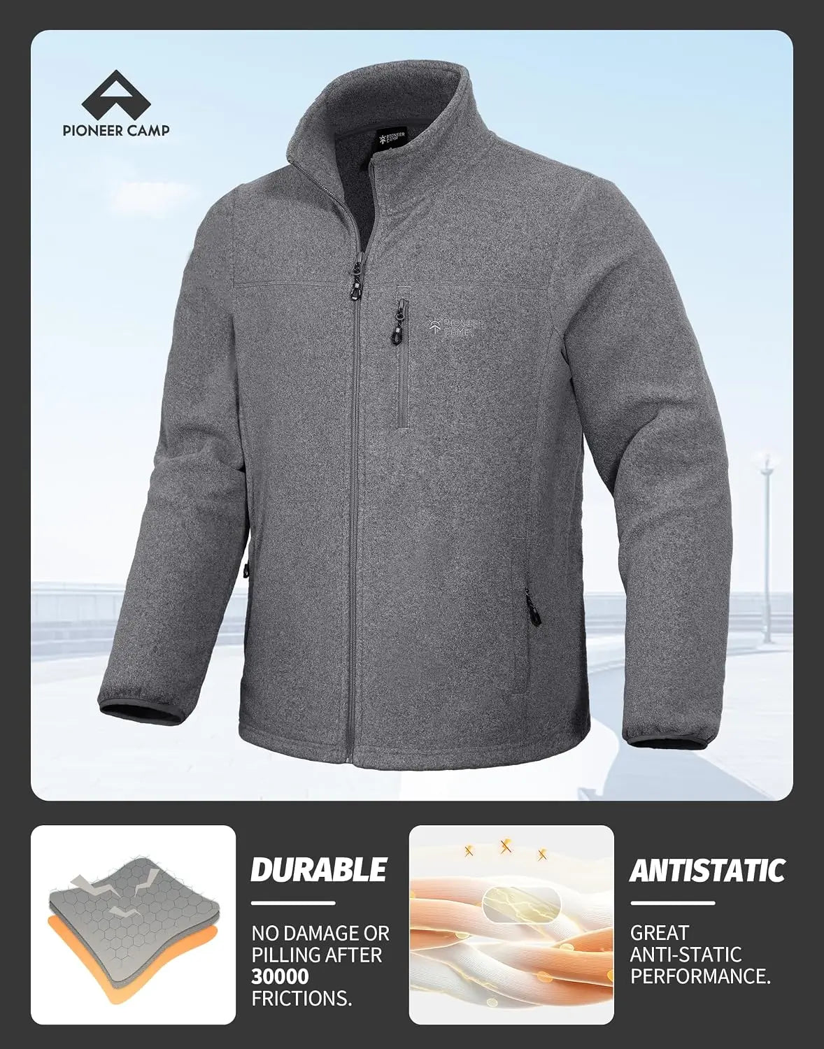 Pioneer Camp Fleece Jacket Men Full Zip Polar Lightweight Windproof Casual Soft Warm Outwear Outdoor Coat with Chest Pocket