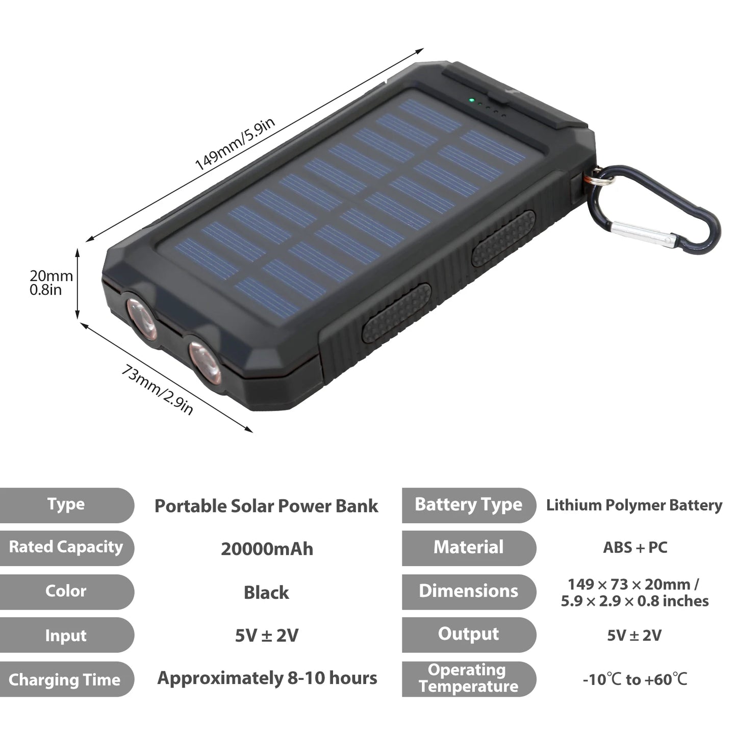 20000mAh Solar Charger Waterproof Portable Power Bank With Dual USB Ports LED Light For Outdoor Camping