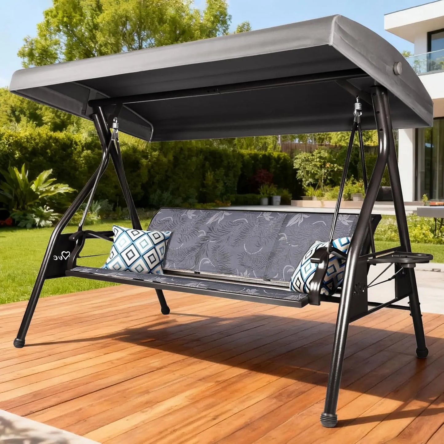 General 3 Person Patio Swing With Adjustable Canopy Cup Holders
