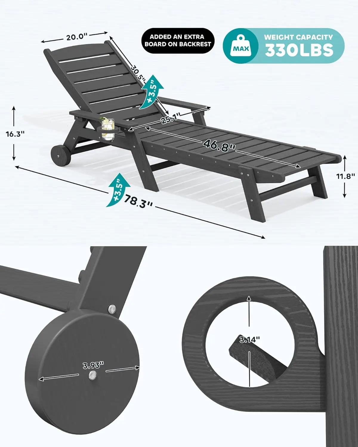 HDPE Adjustable Five Position Patio Chaise Lounge Set Cup Holder