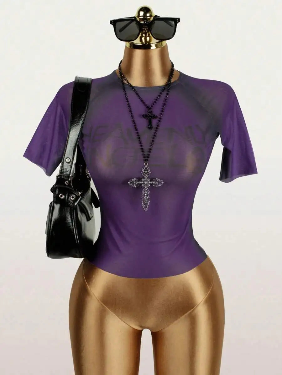 Sexy Mesh Graphic Tee for Women Heavenly Angel Print