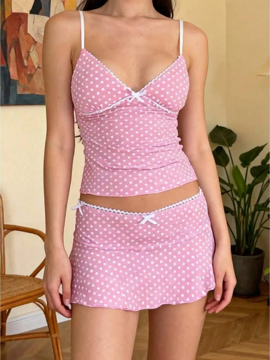 Cotton Sleeveless Camisole And Aline Skirt Set With Bow