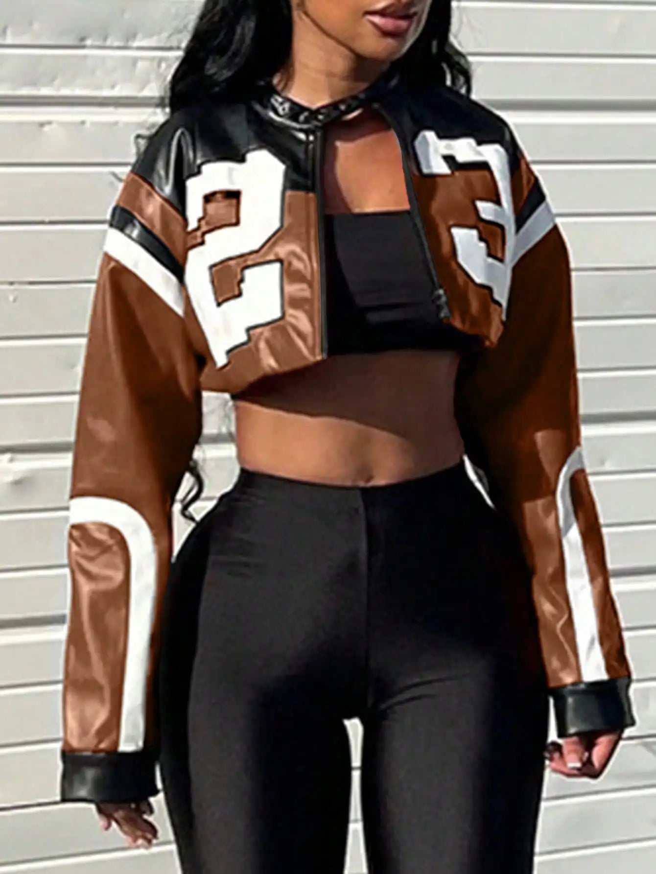 Clubwea Women's Faux Leather Bomber Jacket Zipper Edgy Motorcycle Style