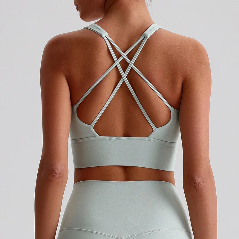 Solid Color Women Fitness Bra Tights Sports Tank Top Cross Back Gym Clothe Underwear Yoga Vest High impact shockproof Chest Pad