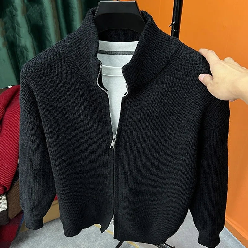 Mens Zippered Knit Cardigan Jacket With Stand Up Collar