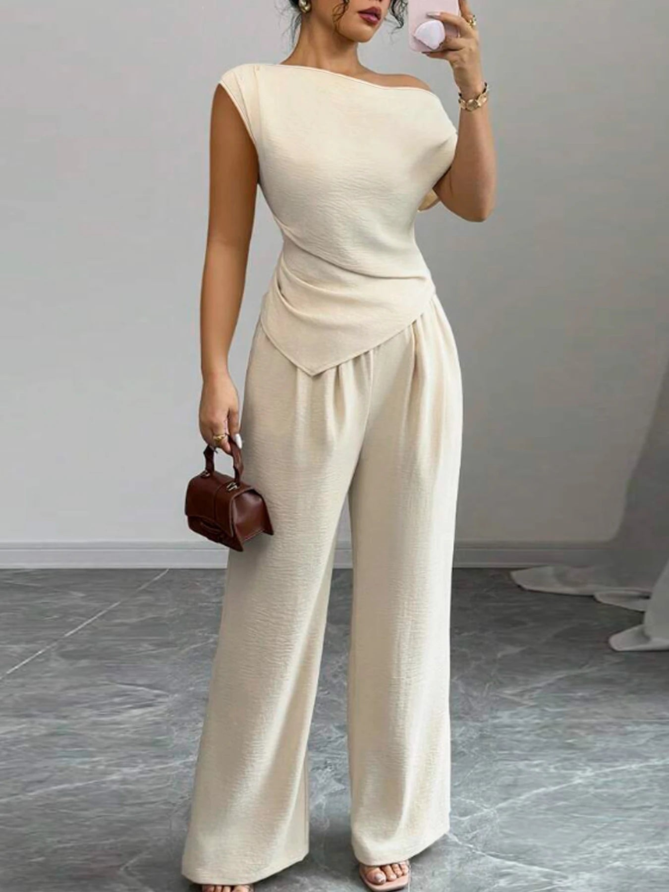 Elegant Pure Color Ladies Asymmetric Top And Wide Leg Pants