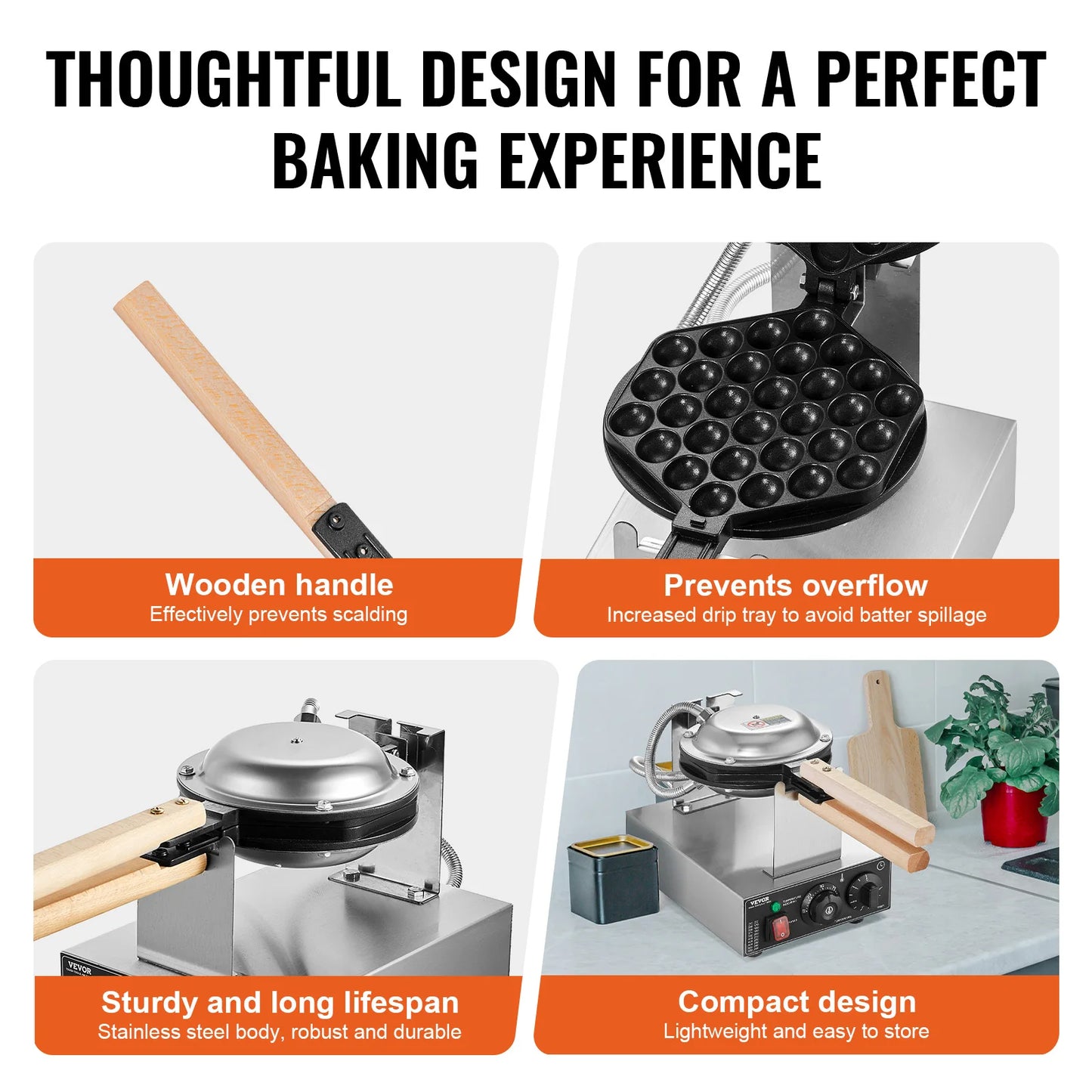 VEVOR Commercial Egg Bubble Waffle Maker 1400W Stainless Steel