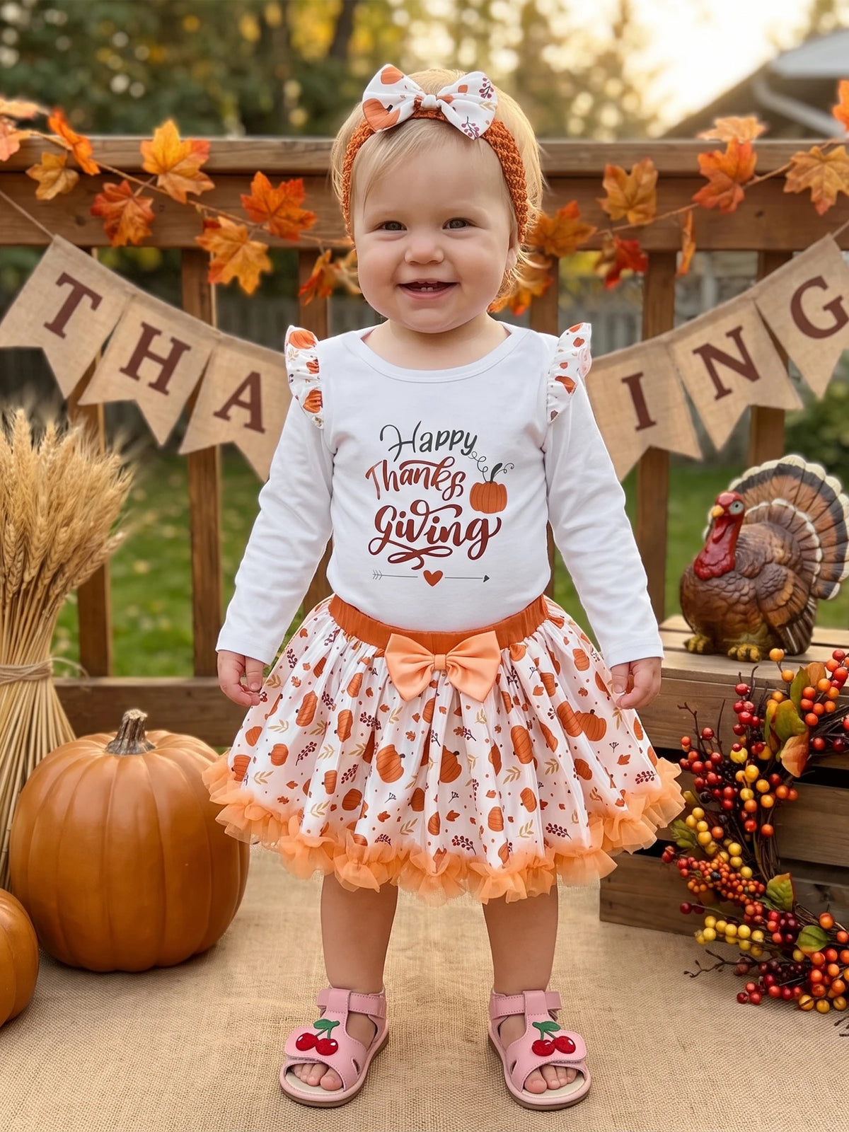 Toddler Girls Pumpkin Print Skirt And Long Sleeve Top Outfit