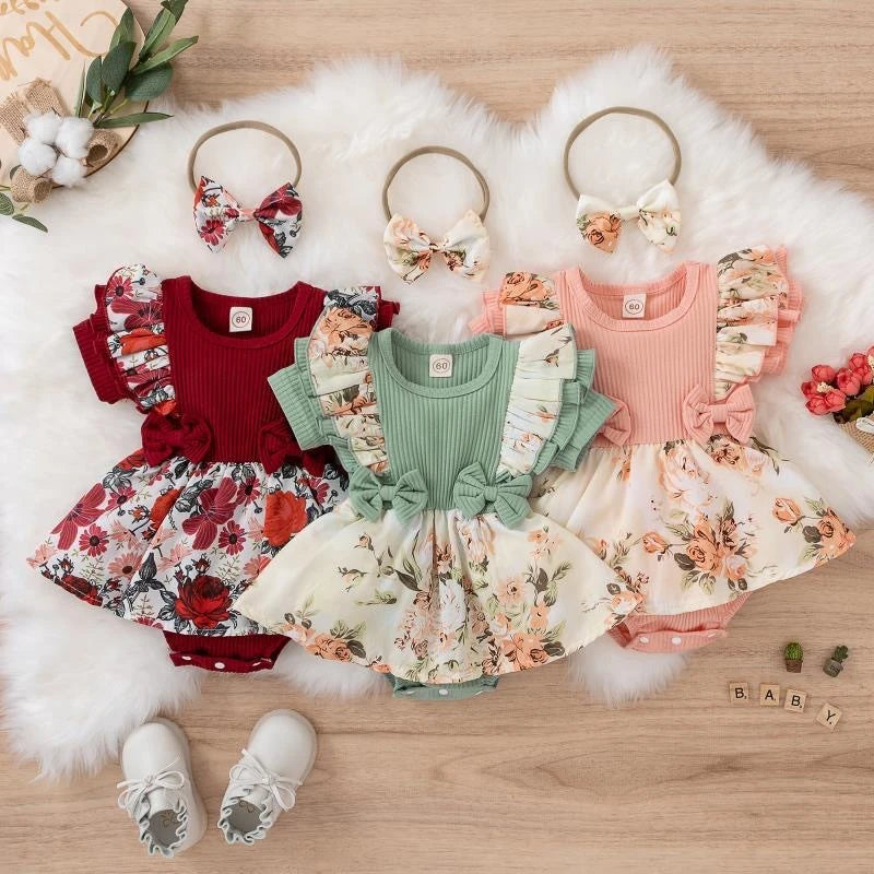 Floral Cotton Baby Girl Dress With Bowknot Jumpsuit Outfit