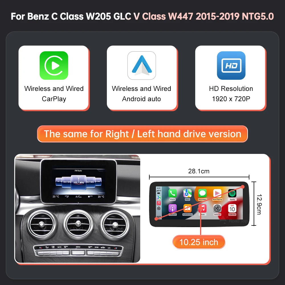 Road Top Wireless CarPlay Android Auto Infotainment Screen Mercedes