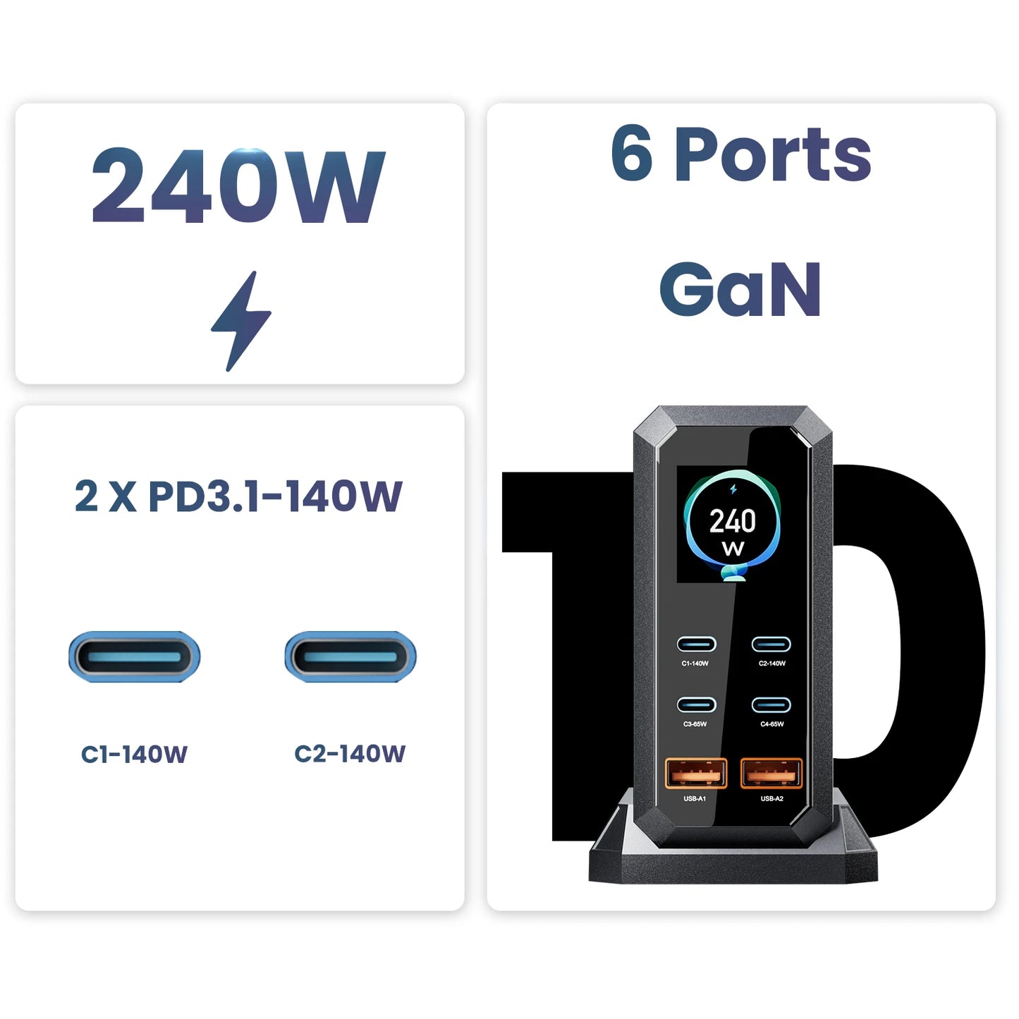 ASOMETECH 240W GaN Fast Charging Station USB C PD3.1 QC3.0