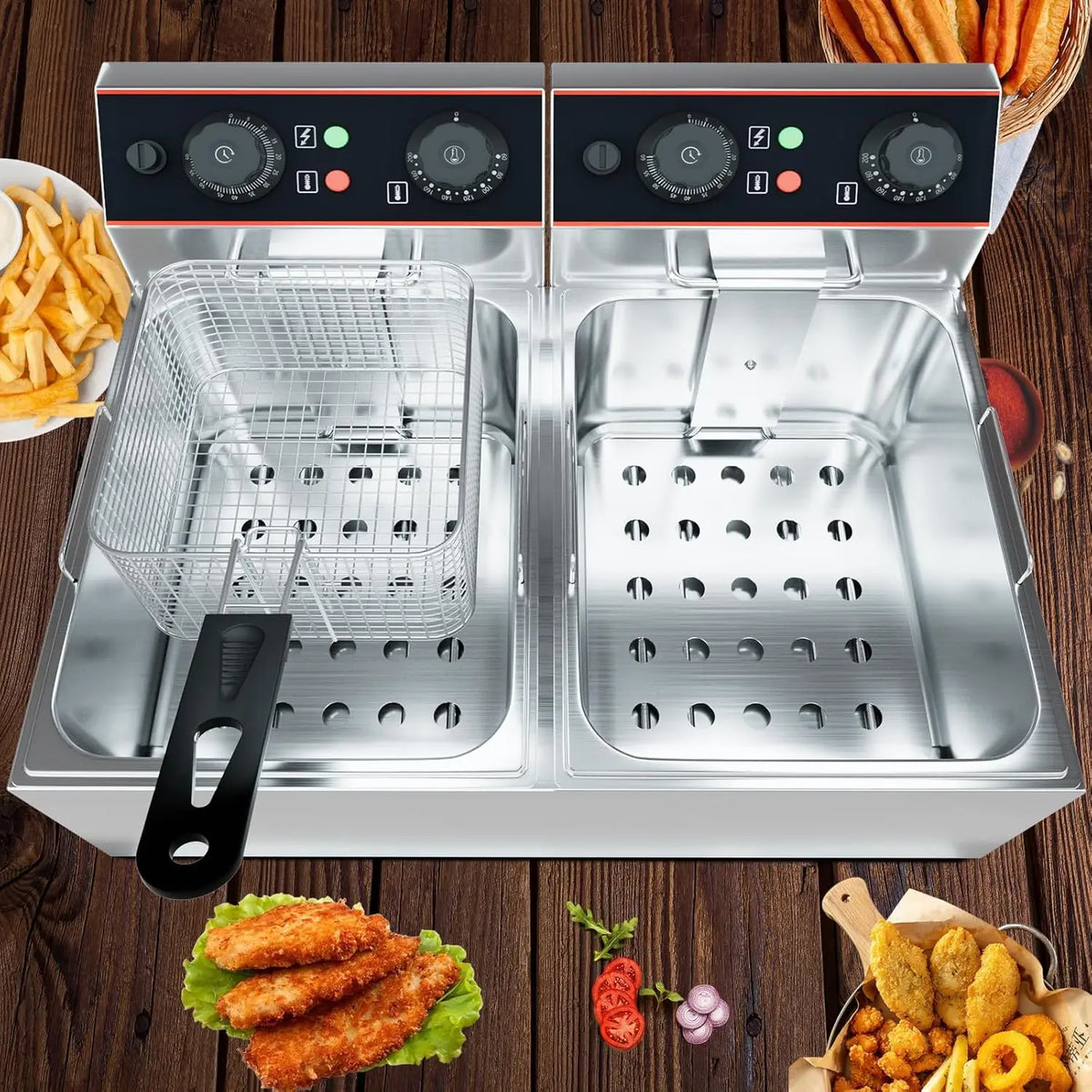 Commercial Electric Deep Fryer with Baskets Stainless Steel Adjustable Temperature Deep Fryer for Restaurant and Home