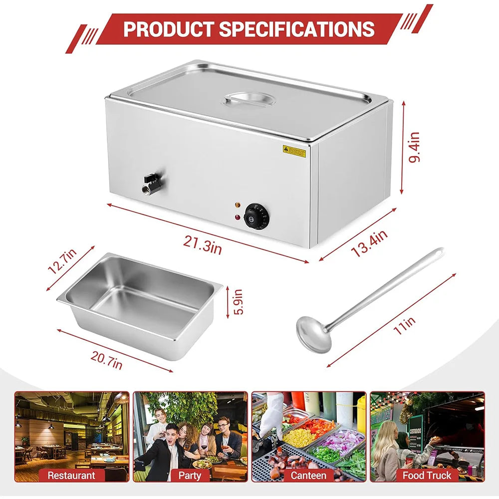 Commercial Food Warmer, Stainless Steel Buffet Bain Marie, 21QT Electric Steam Table with 86-176°F Temp Control Tap & Lid