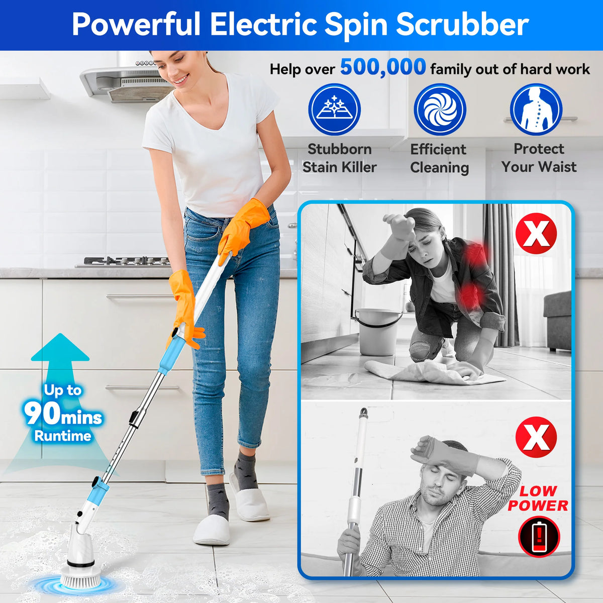 450RPM Electric Spin Scrubber Cordless Shower Cleaning Brush with 5 Replaceable Brushes Adjustable Extension Handle for Bathroom