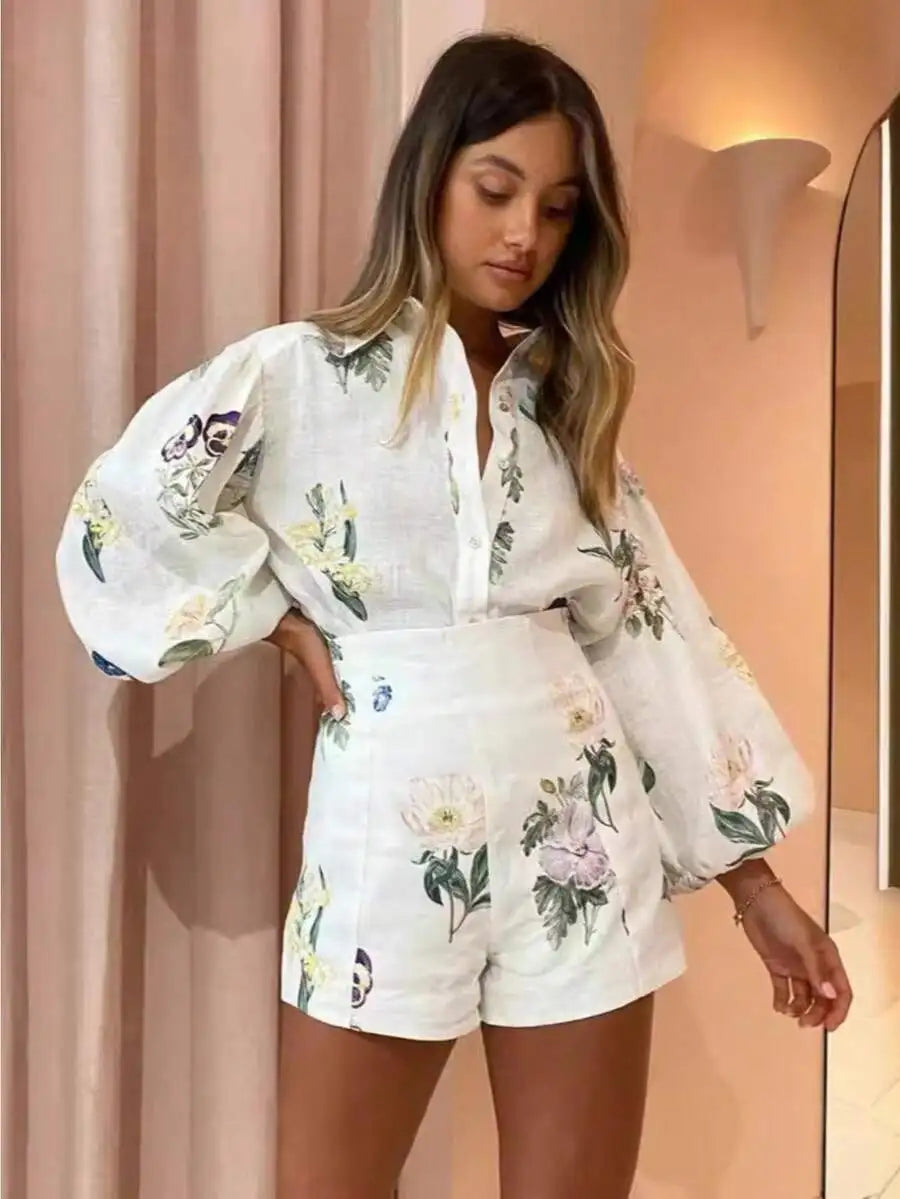 Floral Print Bubble Sleeve Shirt And High Waist Shorts Two Piece Set