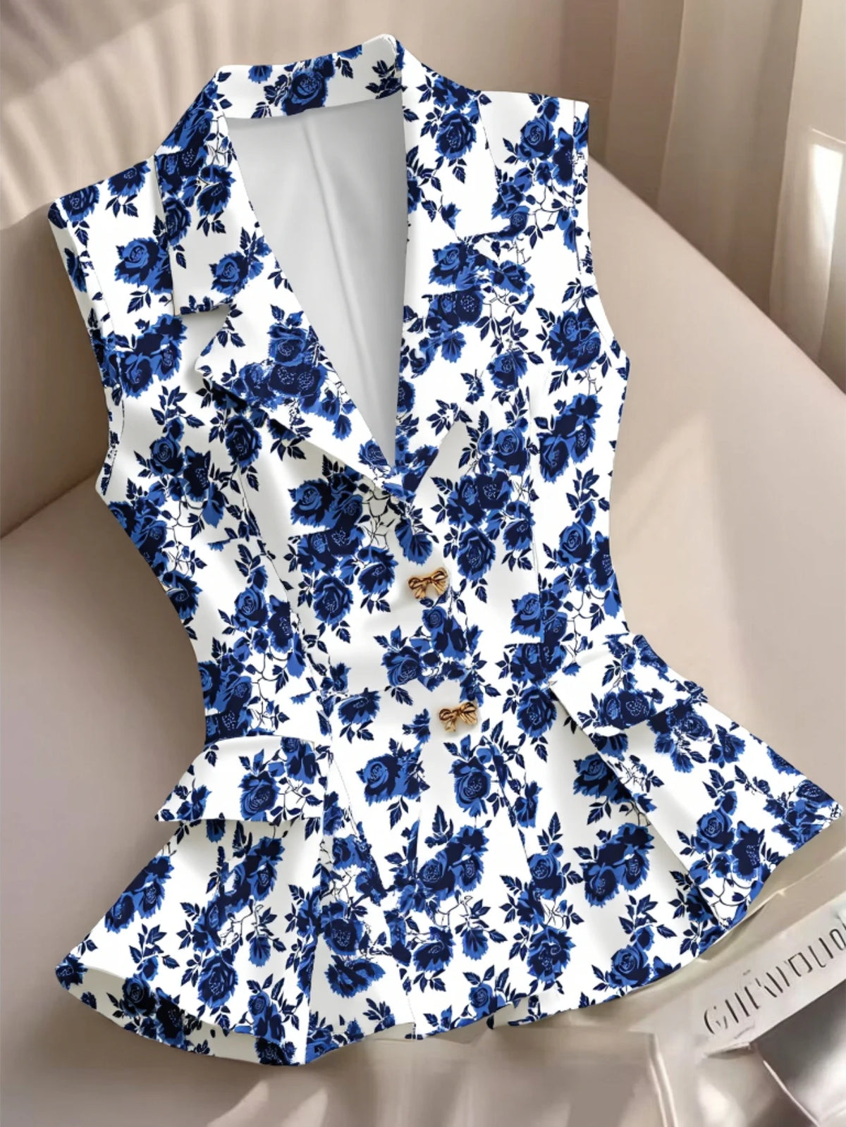 Women Notched Lapel Sleeveless Floral Print Peplum Blazer Vest Top Casual Office Business Fashion Shirt