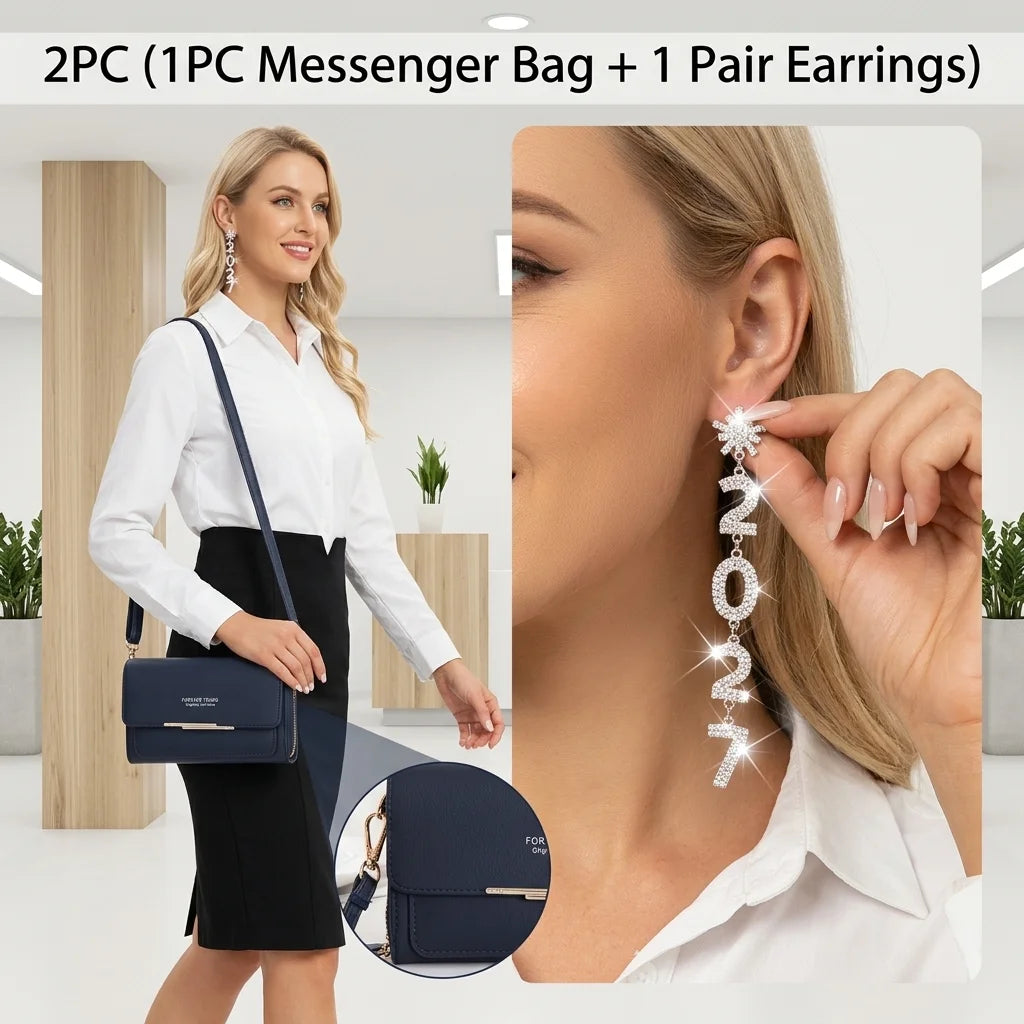 Womens Patent Leather Crossbody Bag with Rhinestone Drop Earrings Set