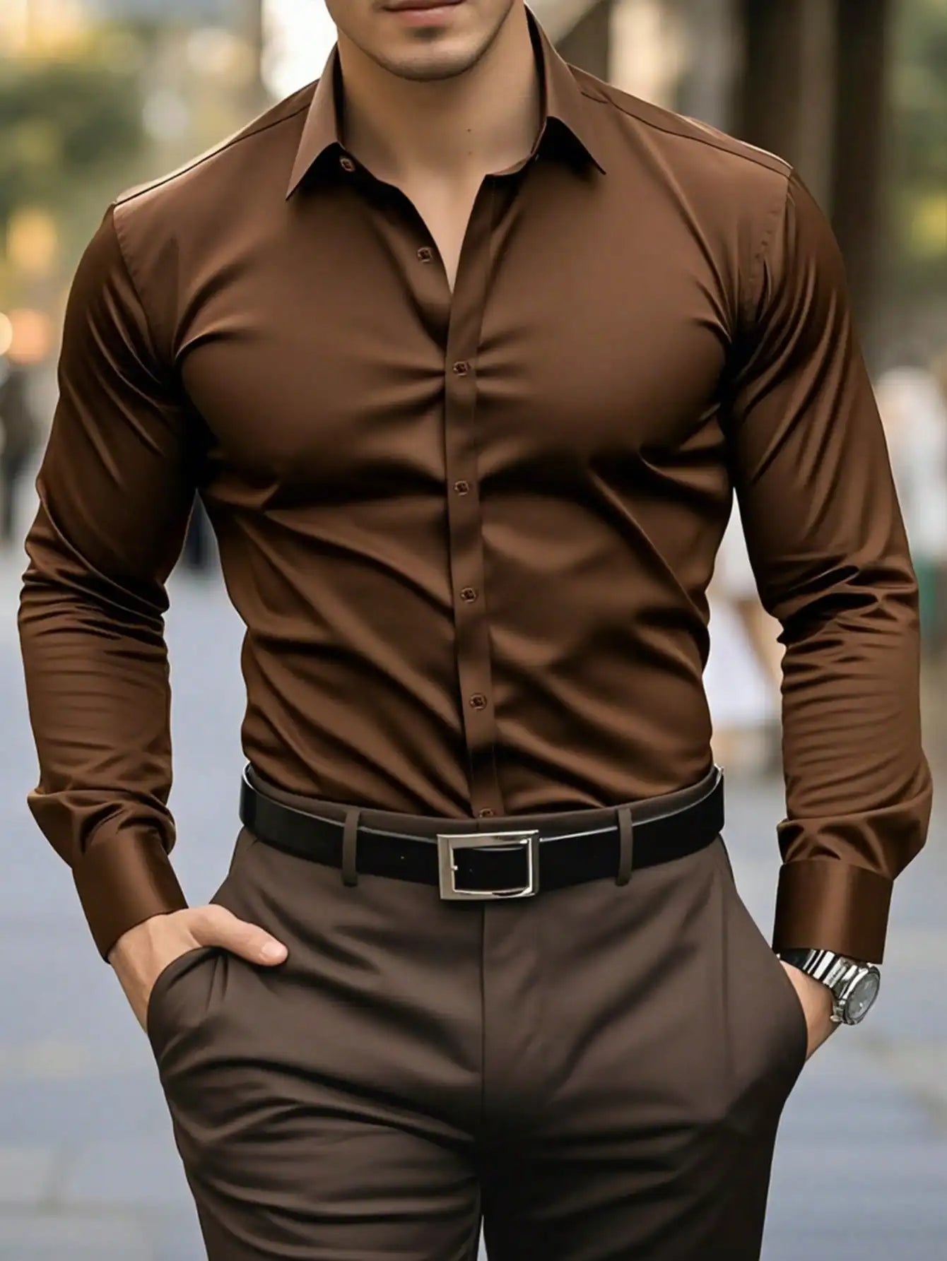 Men's Long Sleeve Formal Dress Shirt Polyester Office Wear