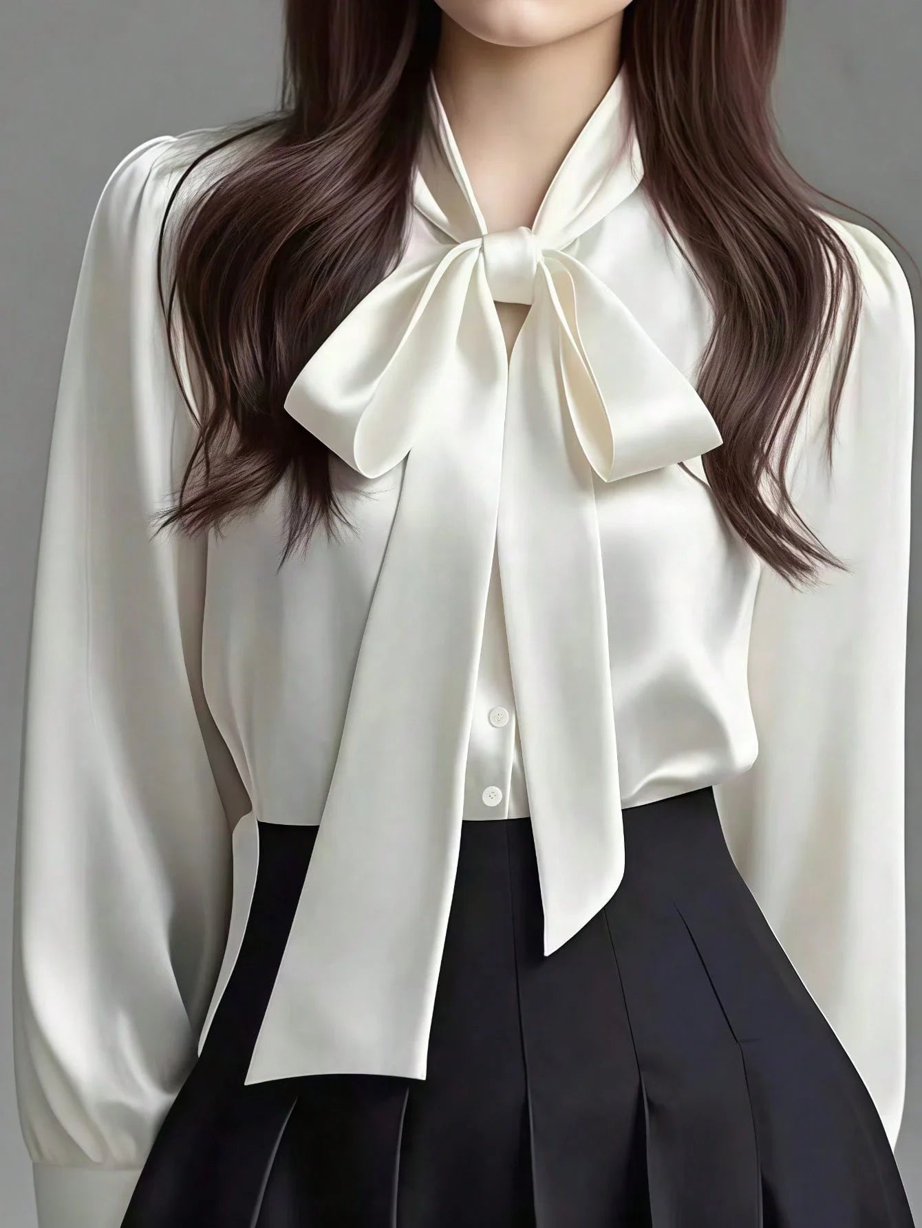 Satin Bow Collar Long Sleeve Blouse For Office Casual