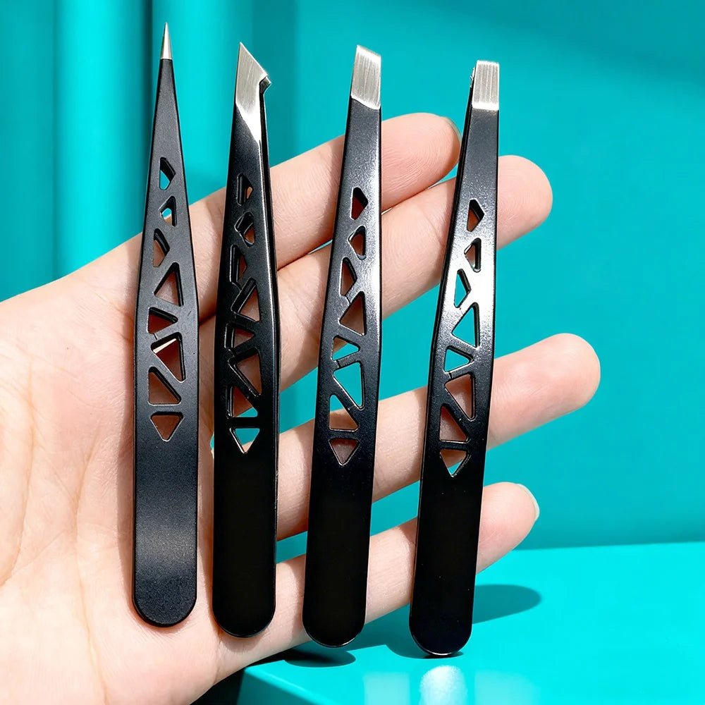 Ouriner Stainless Steel Eyebrow Tweezer Set Slant Pointed Flat Angled