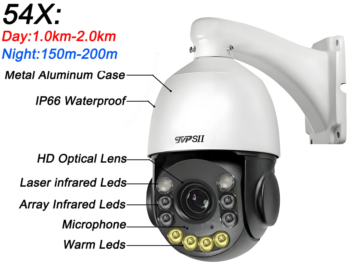 Onvif Metal Laser Infrared Full Color Auto Tracking Cruise 8MP 4K 54X Optics Zoom 360° POE PTZ Speed Dome Surveillance IP Camera
