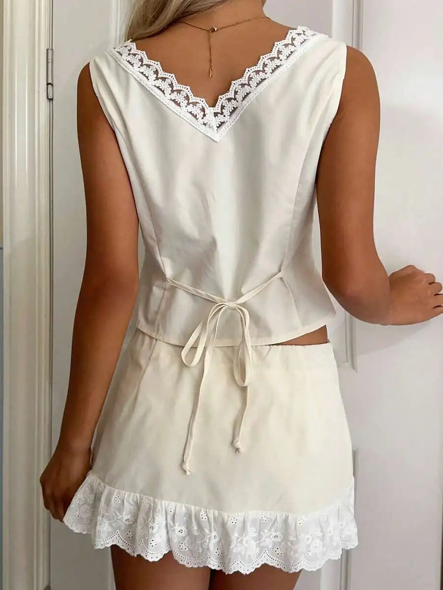 Women Lace V Neck Two Piece Set Sleeveless Top And Skirt