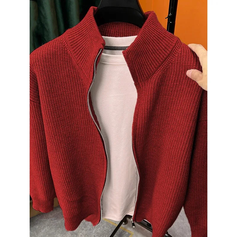 Mens Zippered Knit Cardigan Jacket With Stand Up Collar
