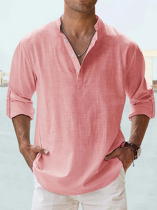 Men's Stand Collar Cotton Long Sleeve Shirt Loose Fit
