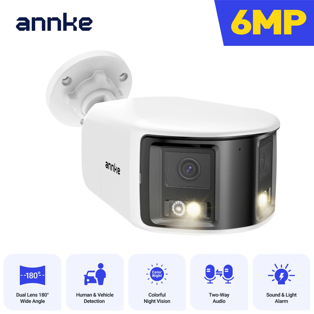 ANNKE 6MP Dual-Lens Security Camera 180° Panorama Turret Camera Color Night Vision Human/Vehicle IP67 ONVIF Security CCTV Camera
