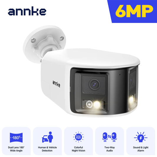 ANNKE 6MP Dual-Lens Security Camera 180° Panorama Turret Camera Color Night Vision Human/Vehicle IP67 ONVIF Security CCTV Camera