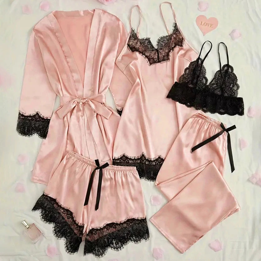 Women Satin Sleepwear Pajama Set With Lace Bath Robe