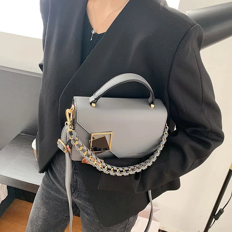 PU Leather Chain Shoulder Crossbody Handbag With Geometric Metal Lock