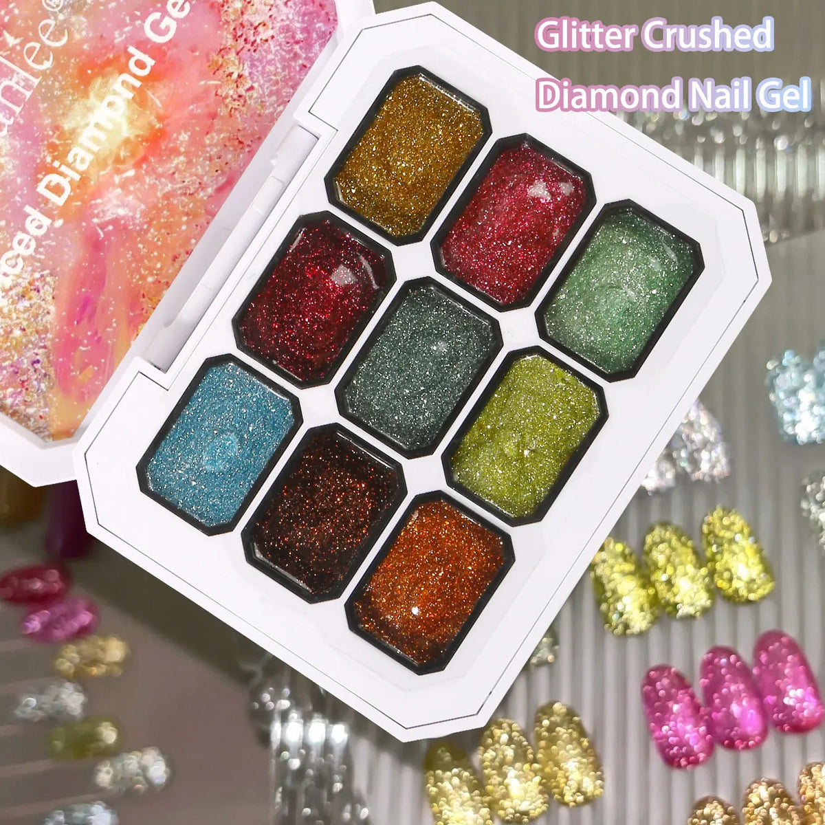 Ovanlee 9-Color Glitter Crushed Diamond Nail Gel – Sparkling Diced Diamond UV/LED Polish Set, 4-in-1 Translucent Shimmer Gel for Overlay, Painting & Solid Nails (8.6cm Starry Palette Box)