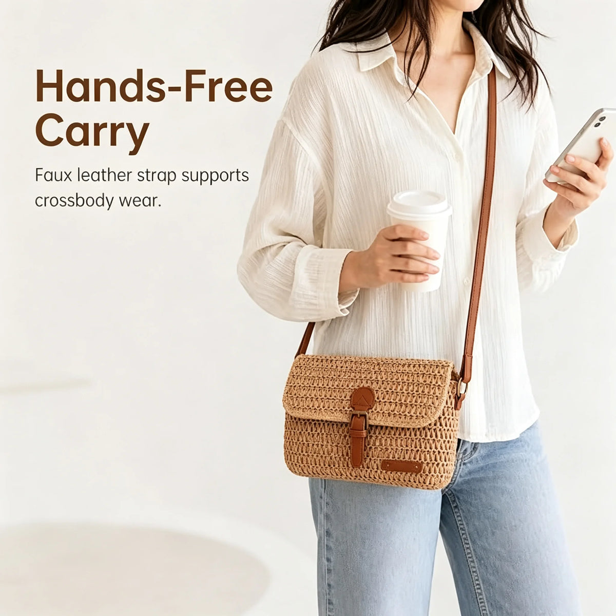 Womens Woven Straw Crossbody Bag With Flap Buckle PU Strap