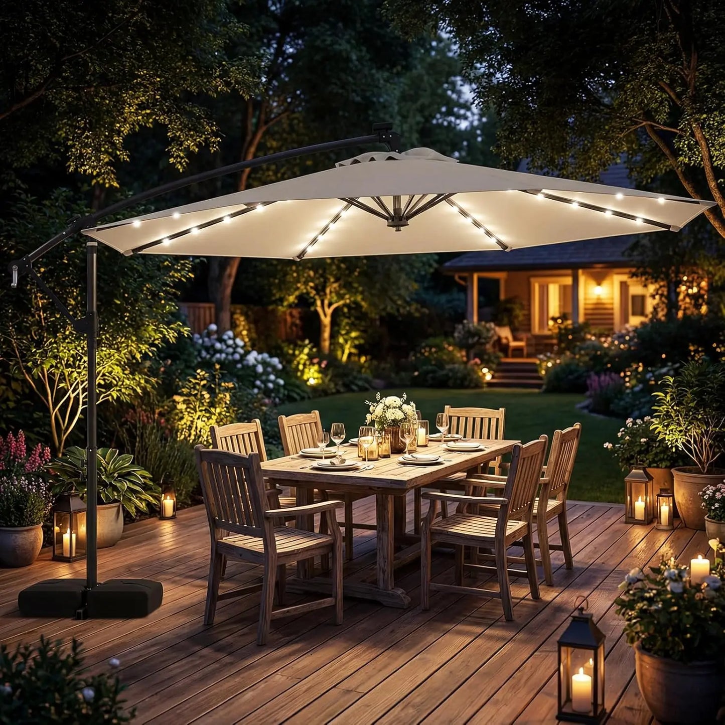 Solar Patio Cantilever Umbrella With Base And 32 LED Lights